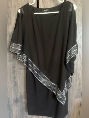 SLNY Black Dress with Silver-Trimmed Asymmetrical Poncho